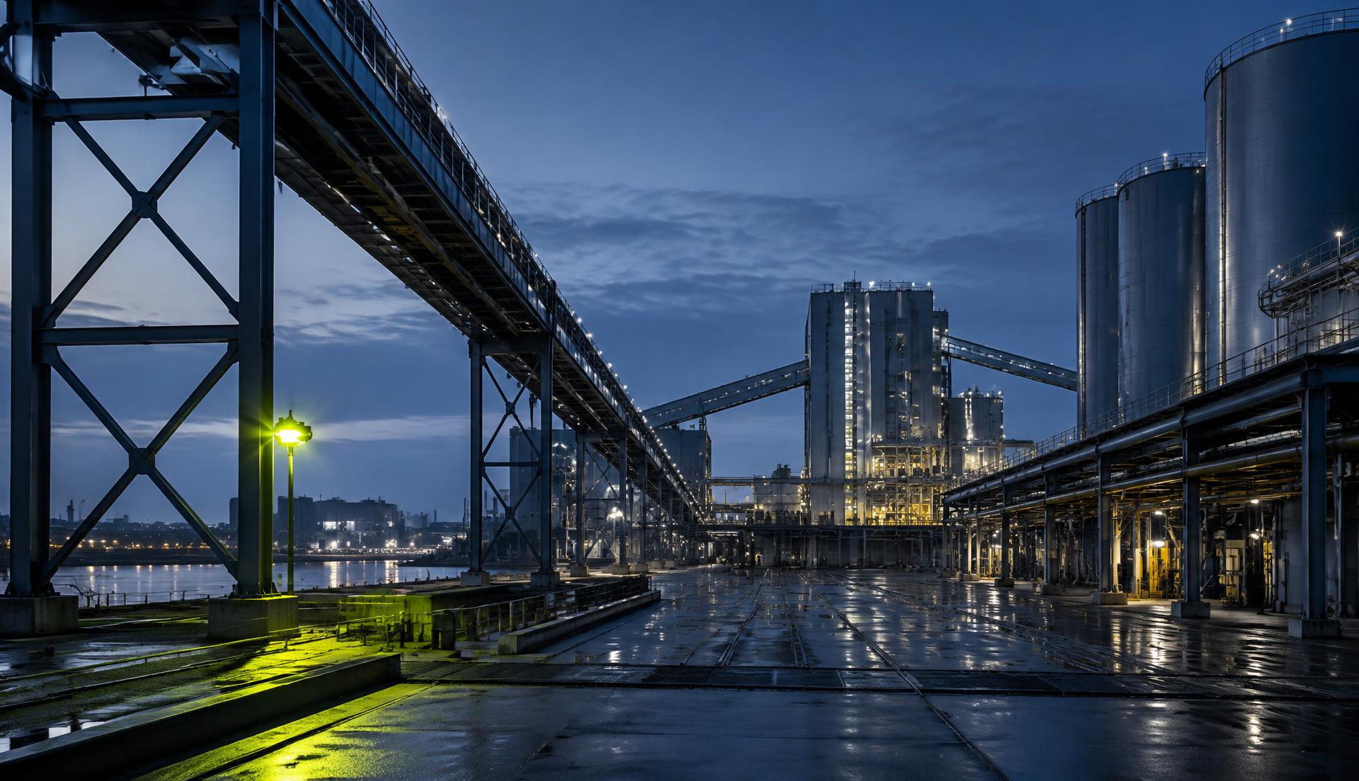 Contemporary industrial infrastructure at blue hour in North East England