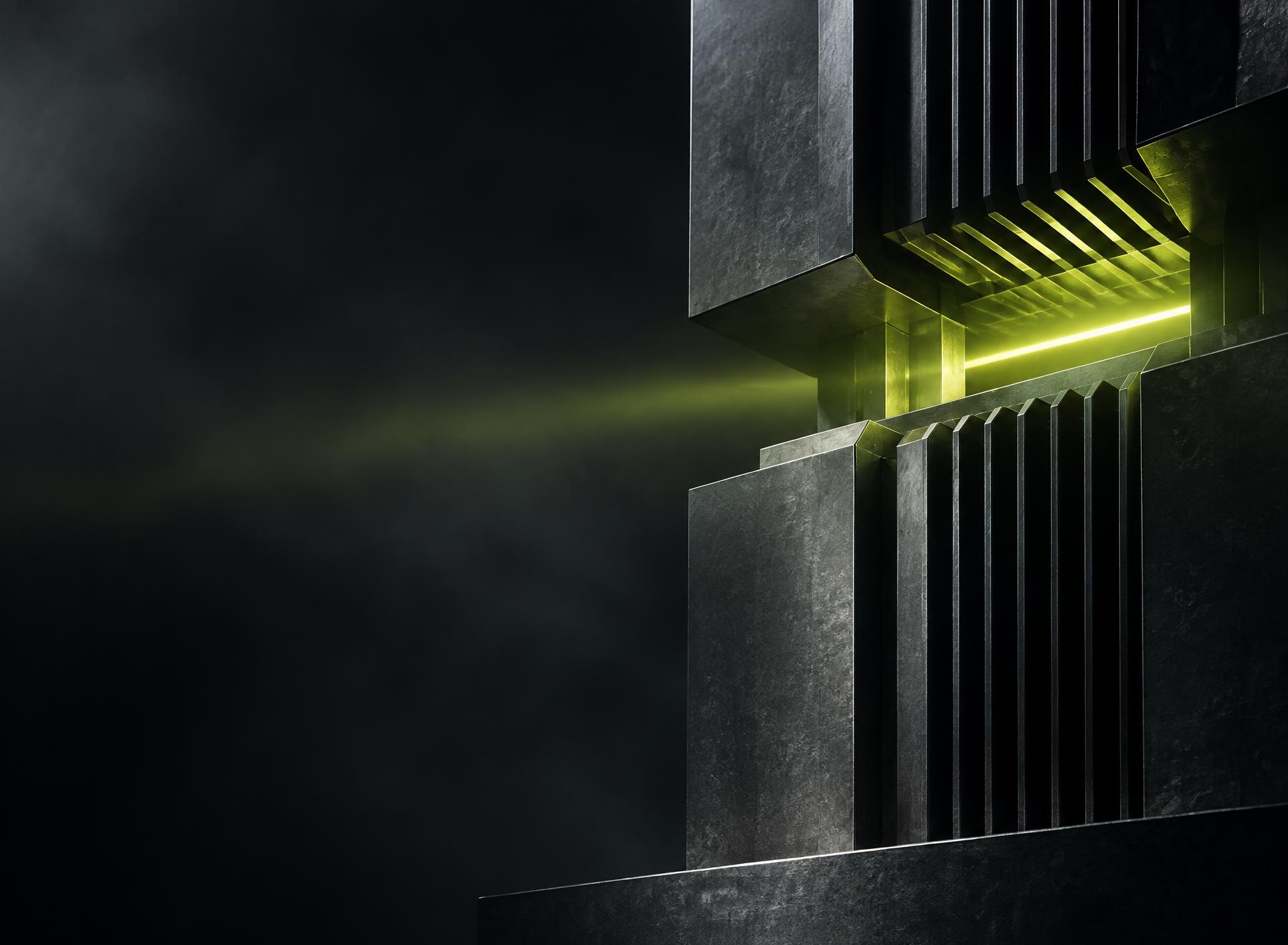 Precision-engineered architectural forms illuminated by a vivid line of light